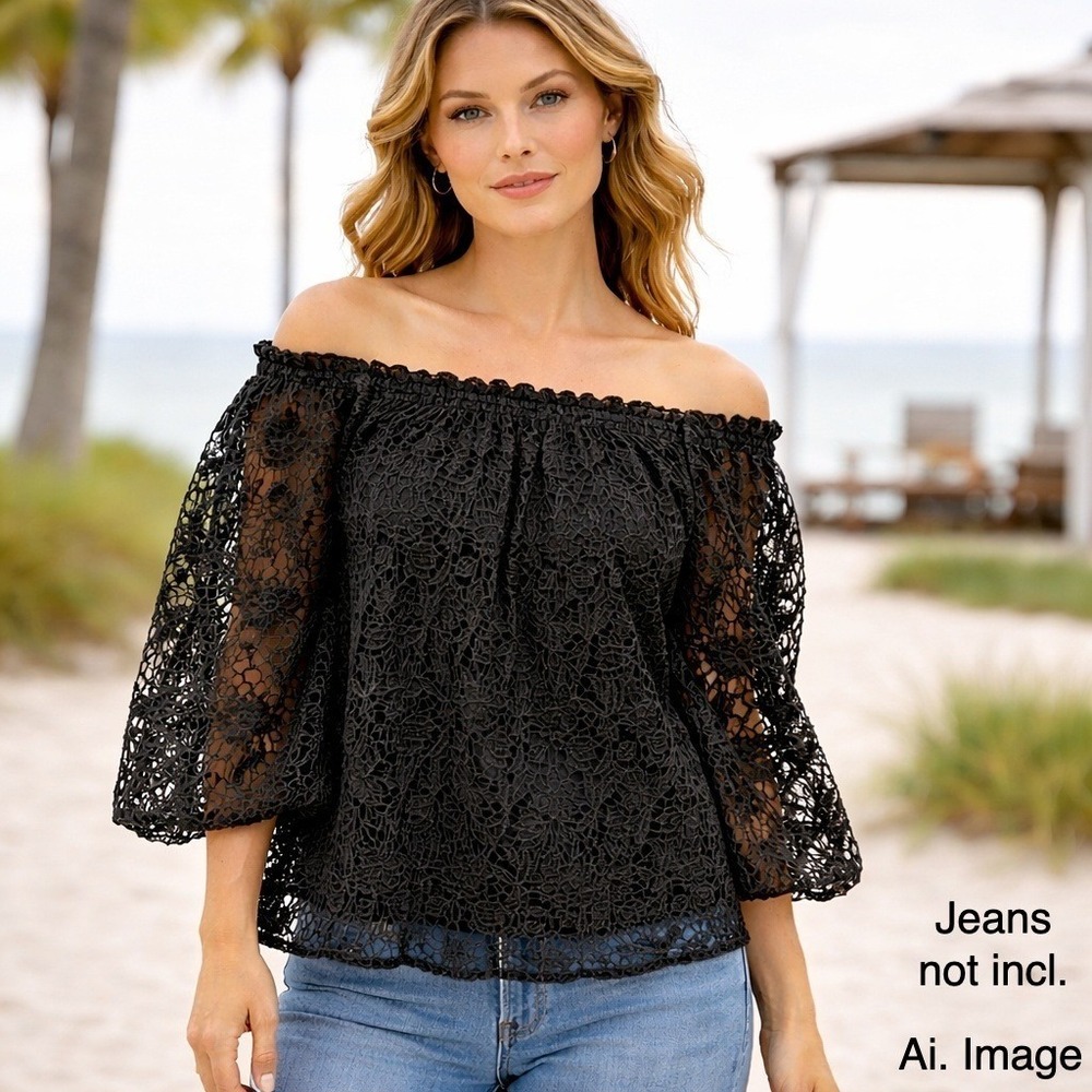 Maeve Anthropologie Black Lace Peasant Blouse Lg. Off Shoulder Boho  Gothic NWT‎